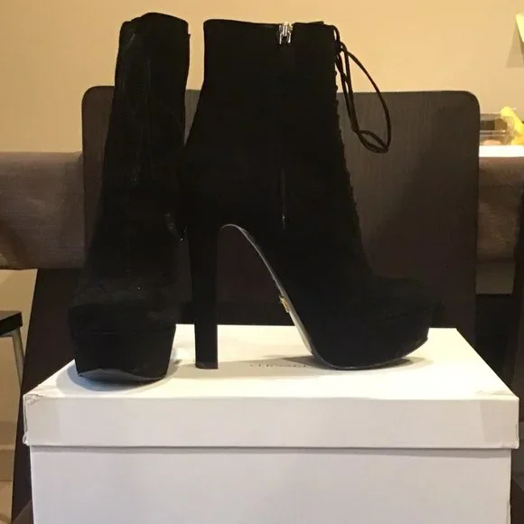 Prada | Shoes | Prada Black Suede Laced Up Heeled Ankle  display picture 1